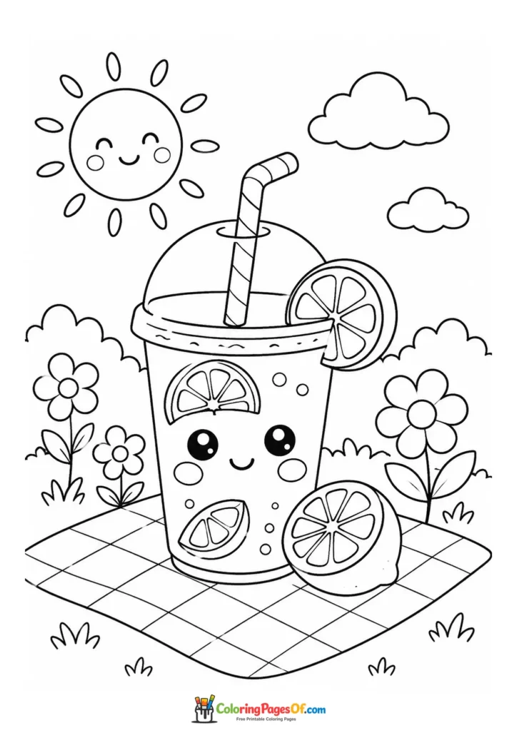 Kawaii Lemon Drink at a Picnic coloring page