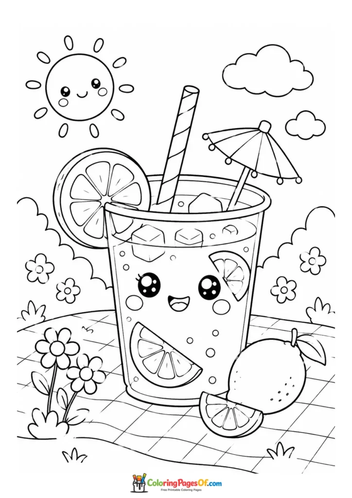 Kawaii Lemonade Summer Picnic coloring page