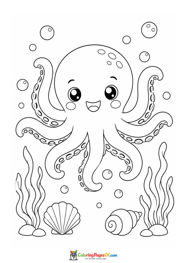 Kawaii Octopus Underwater coloring page