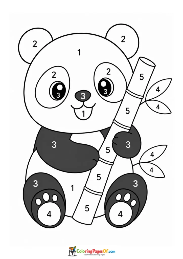 Kawaii Panda with Bamboo Color by Number printable activity for kids
