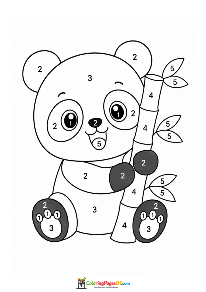 Kawaii Panda with Bamboo Color by Number printable activity for kids