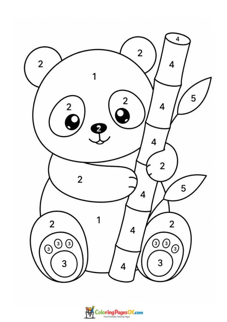 Kawaii Panda with Bamboo Color by Number printable activity for kids