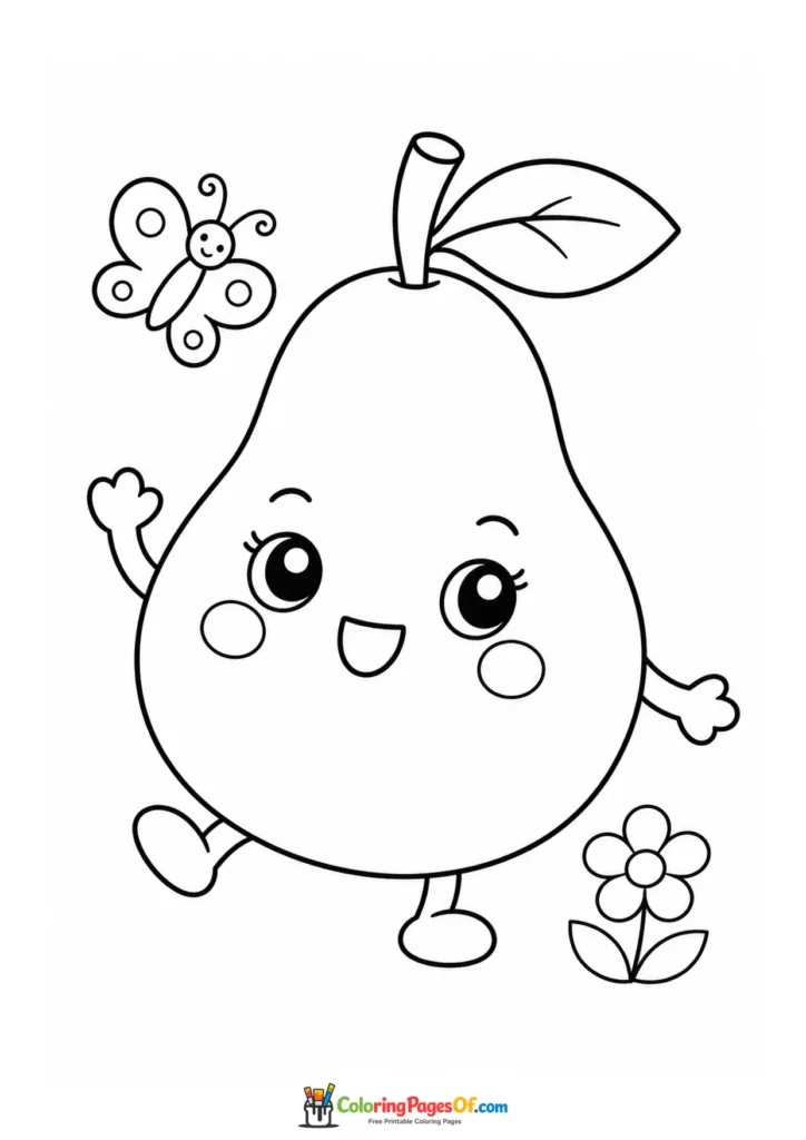 Kawaii Pear with a Butterfly coloring page
