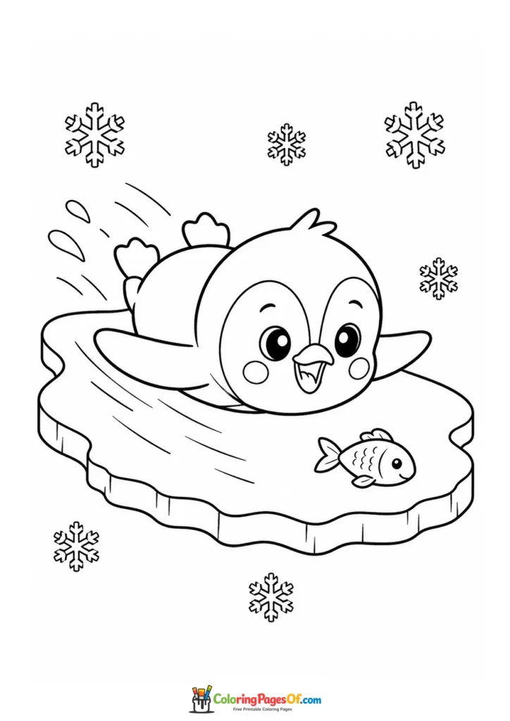 Kawaii Penguin Sliding on Ice coloring page