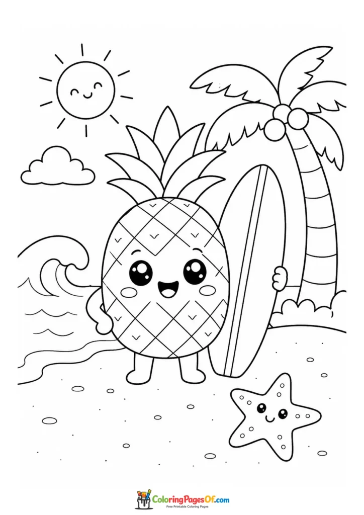 Kawaii Pineapple Going Surfing coloring page