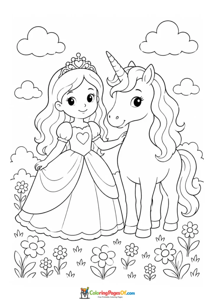 Cute kawaii princess standing with a unicorn in a flower meadow in a second version coloring page