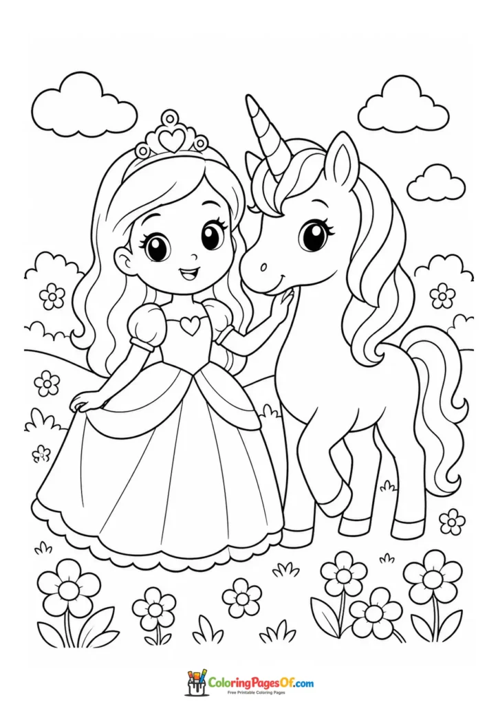 Cute kawaii princess standing with a unicorn in a flower meadow in a third version coloring page