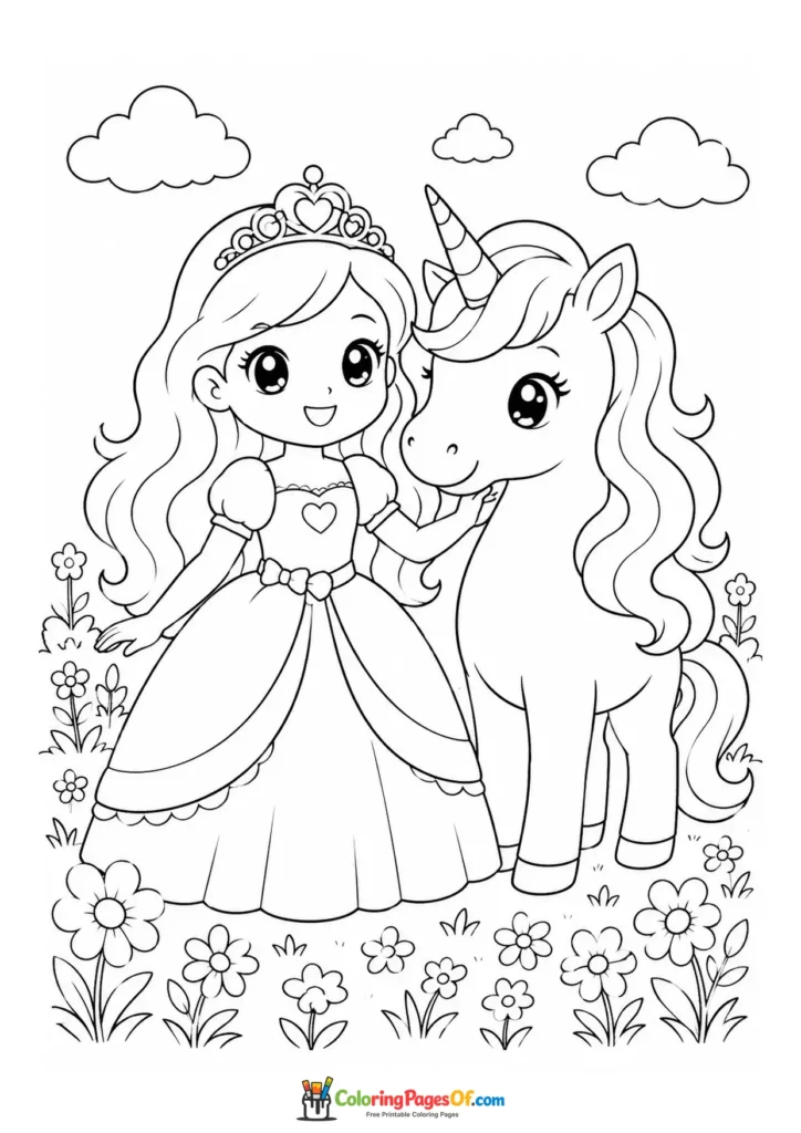 Cute kawaii princess standing with a unicorn in a flower meadow version 4 coloring page