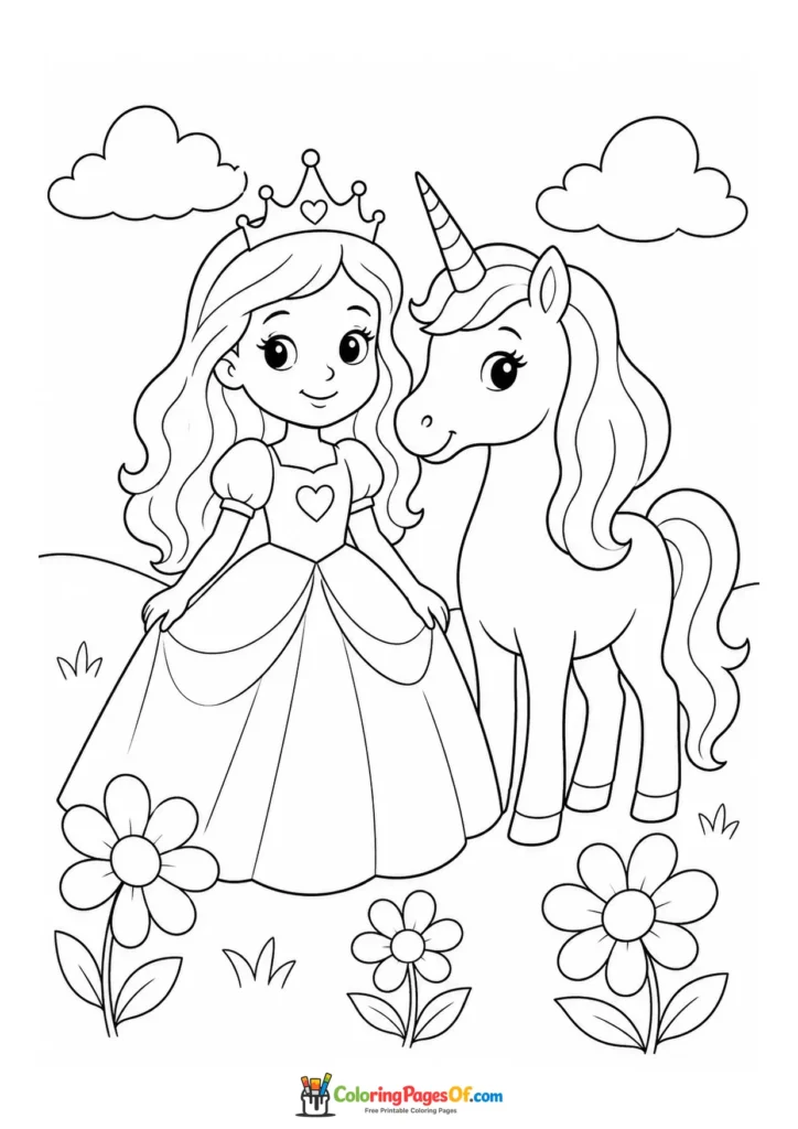 Cute kawaii princess standing with a unicorn in a flower meadow coloring page