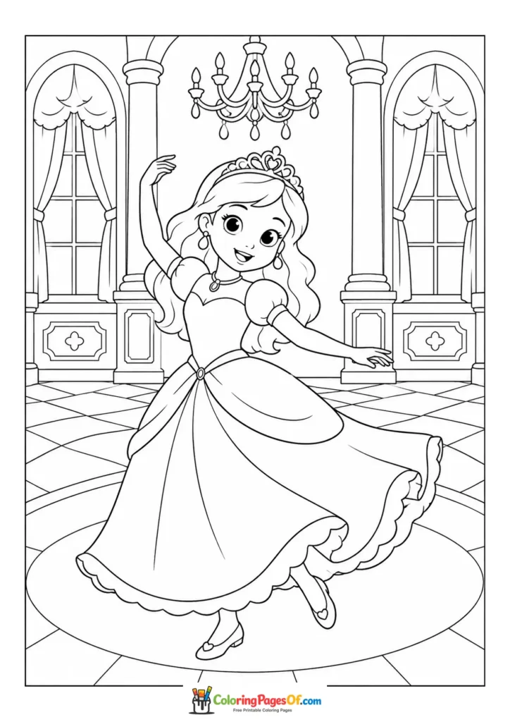 Cute kawaii princess dancing in a palace ballroom in a second version coloring page