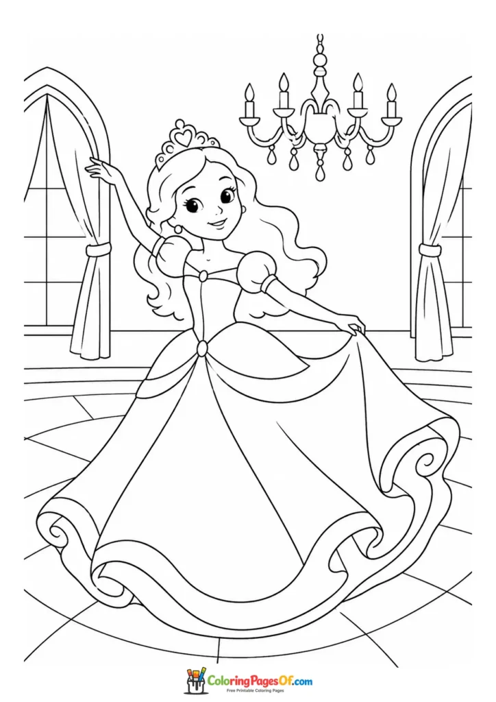 Cute kawaii princess dancing in a palace ballroom coloring page