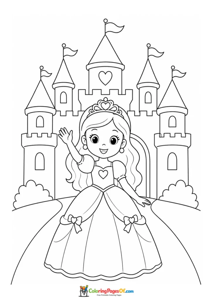 Cute kawaii princess waving in front of a castle in a second version coloring page