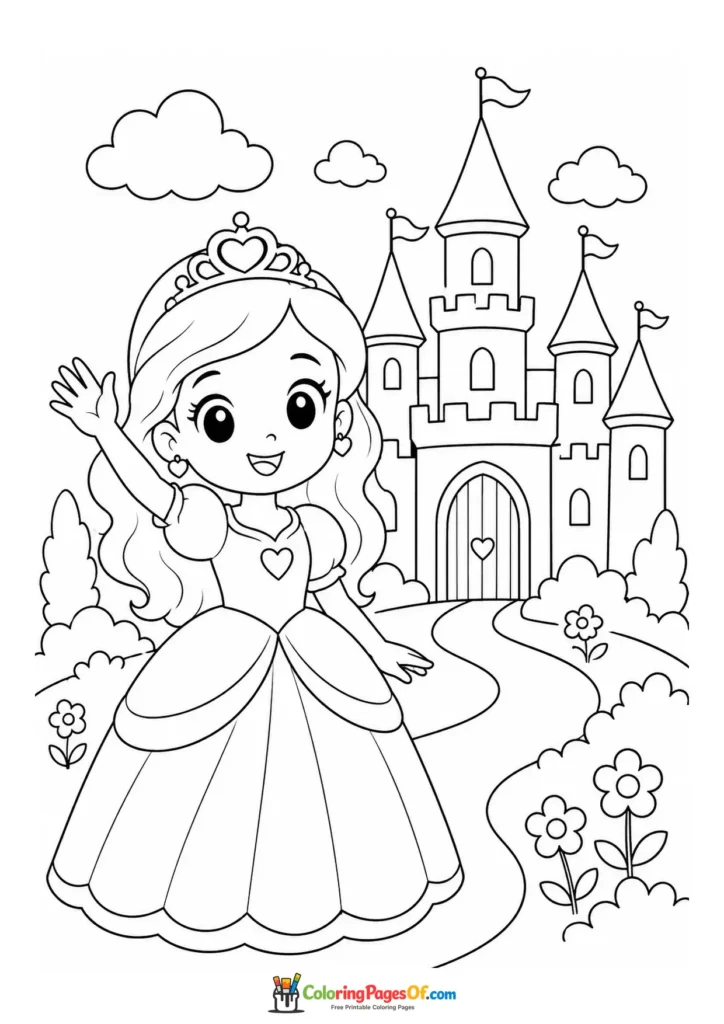 Cute kawaii princess waving in front of a castle in a third version coloring page