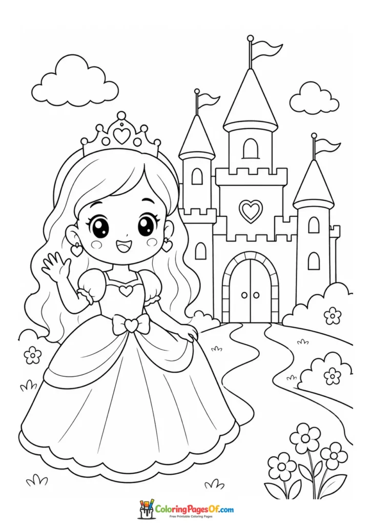Cute kawaii princess waving in front of a castle version 4 coloring page