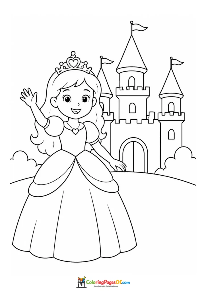 Cute kawaii princess waving in front of a castle coloring page