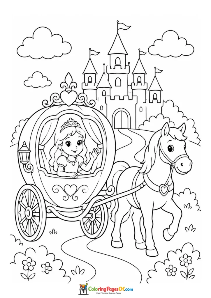 Cute kawaii princess riding in a horse-drawn carriage in a second version coloring page