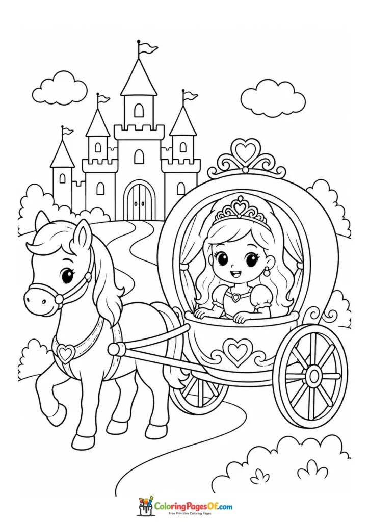 Cute kawaii princess riding in a horse-drawn carriage in a third version coloring page