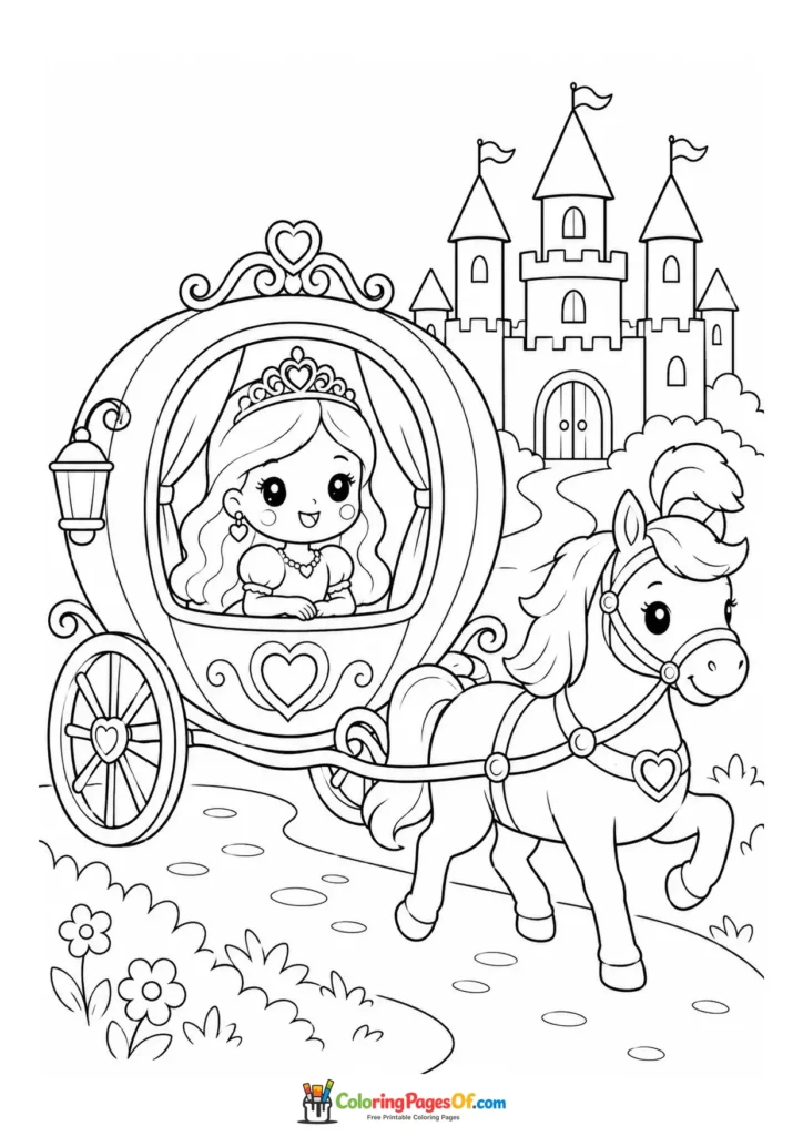 Cute kawaii princess riding in a horse-drawn carriage version 4 coloring page