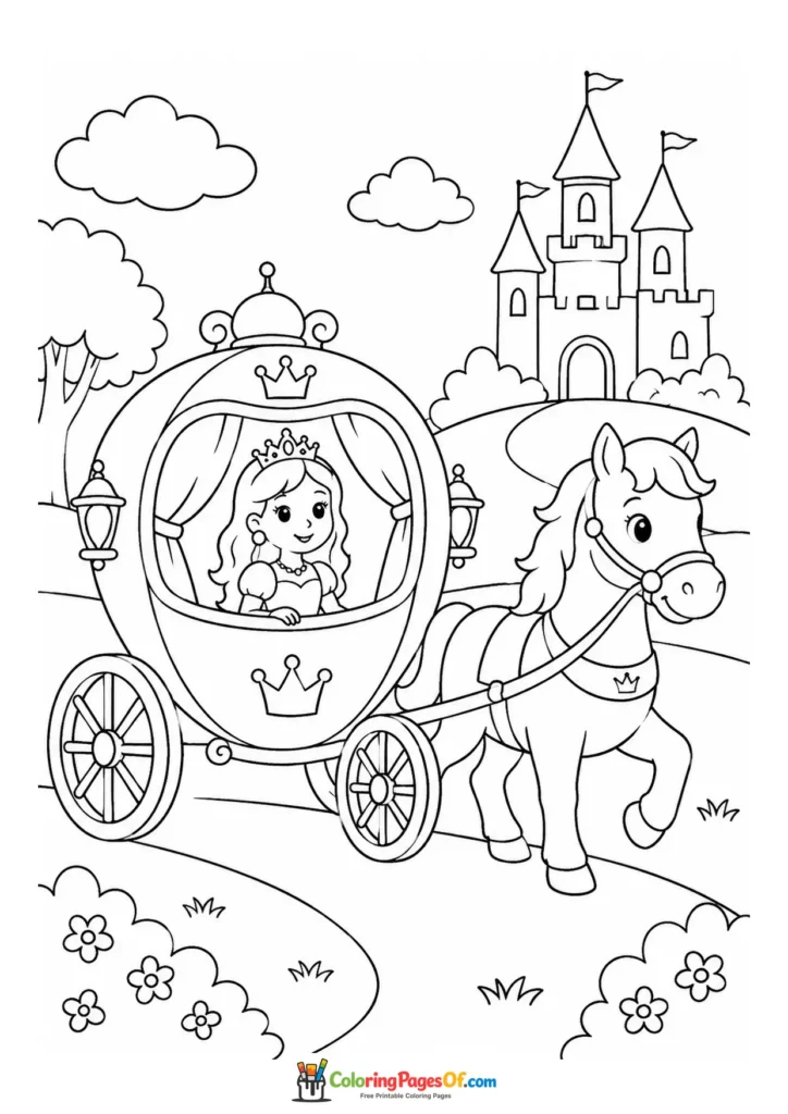 Cute kawaii princess riding in a horse-drawn carriage coloring page