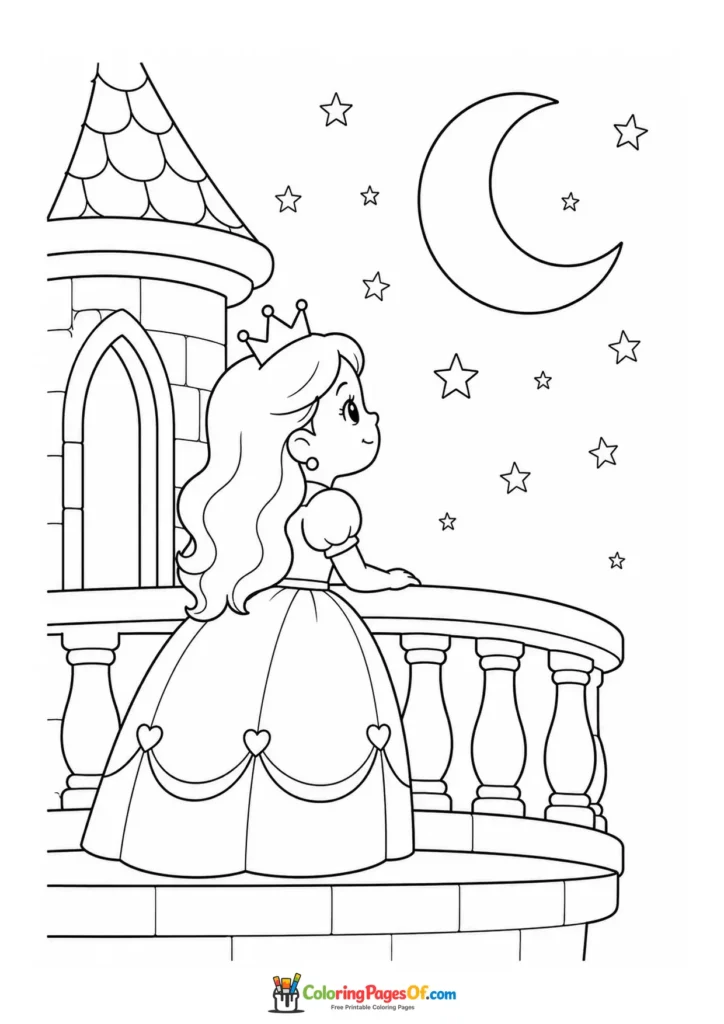 Cute kawaii princess standing on a castle balcony at night in a second version coloring page