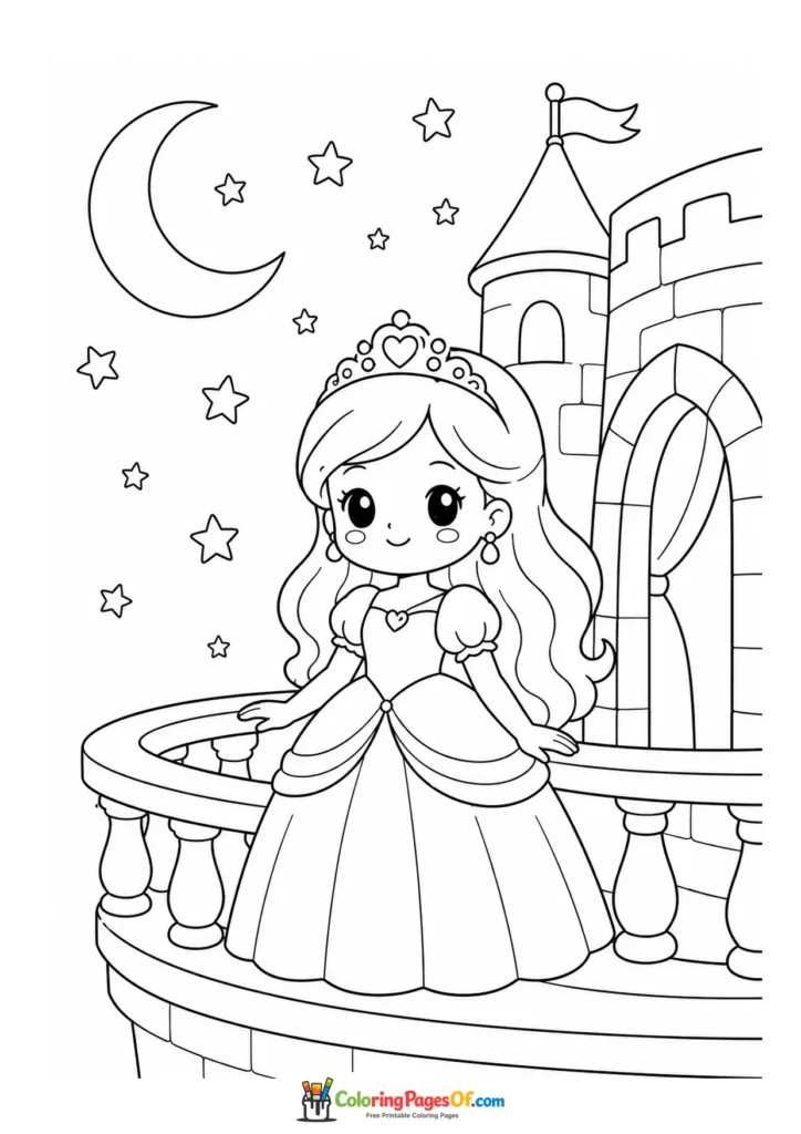Cute kawaii princess standing on a castle balcony at night version 4 coloring page