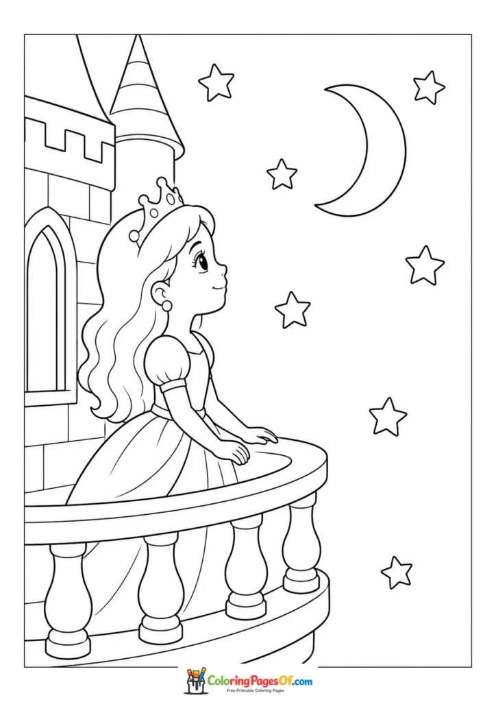 Cute kawaii princess standing on a castle balcony at night coloring page