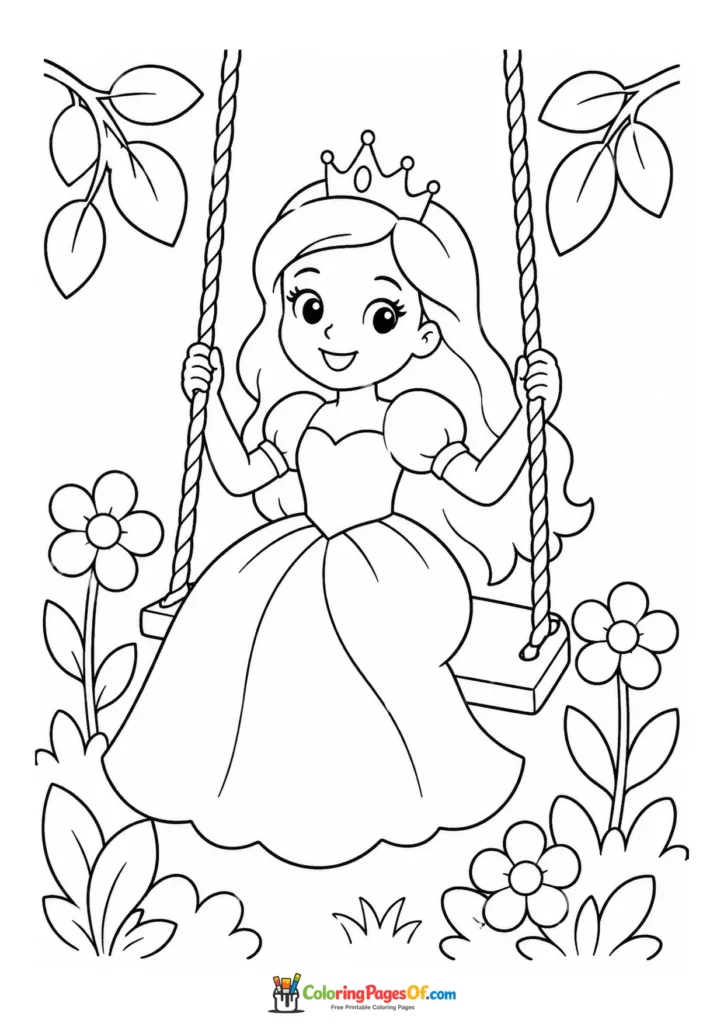 Cute kawaii princess swinging in a flower garden coloring page