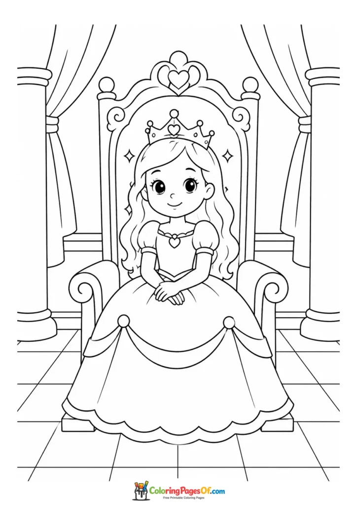 Cute kawaii princess sitting on a throne in a second version coloring page
