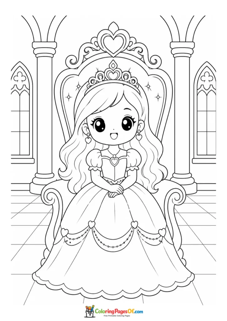 Cute kawaii princess sitting on a throne version 4 coloring page