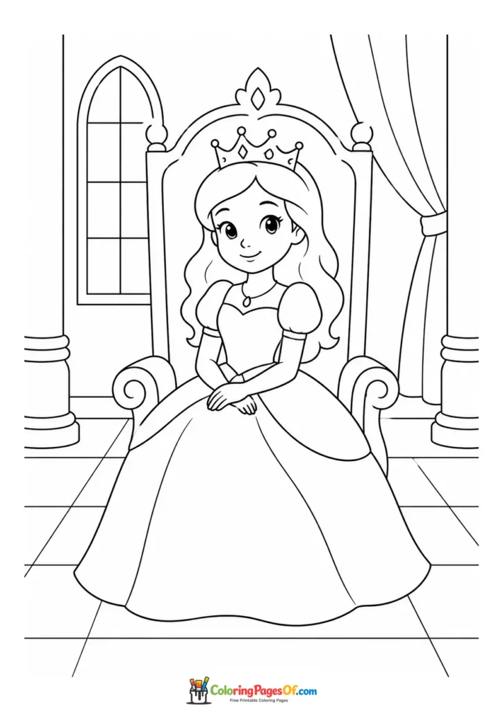 Cute kawaii princess sitting on a throne coloring page