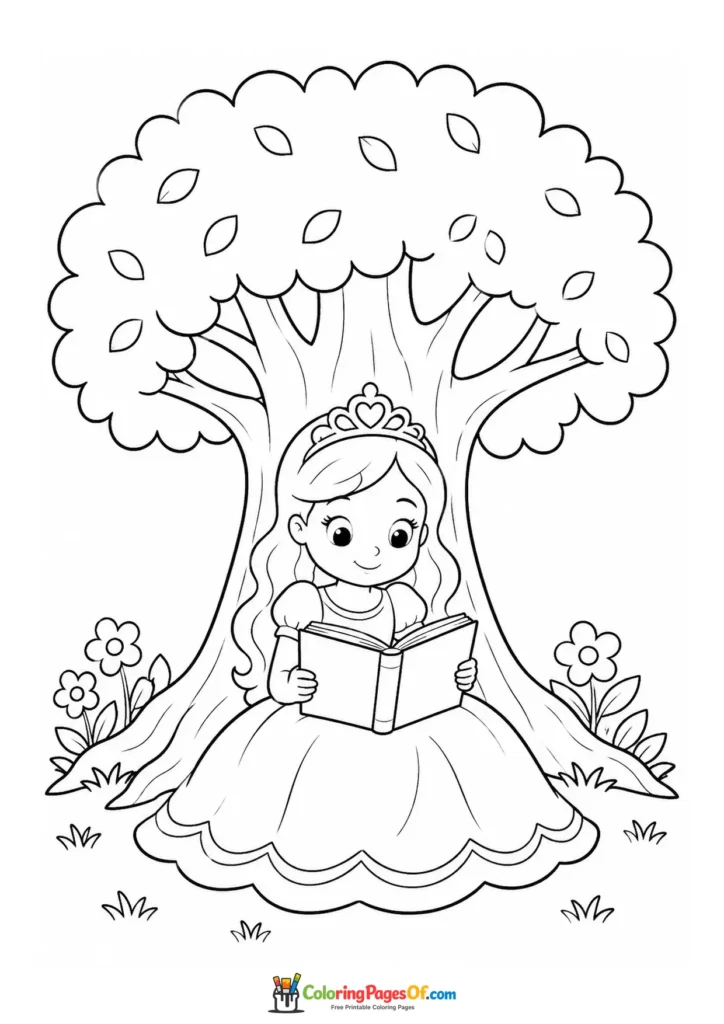 Cute kawaii princess reading a book under a large tree in a second version coloring page
