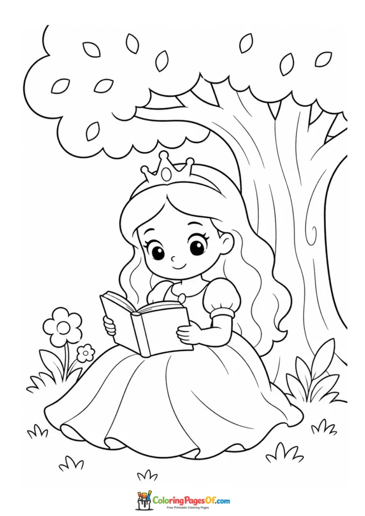 Cute kawaii princess reading a book under a large tree version 3 coloring page