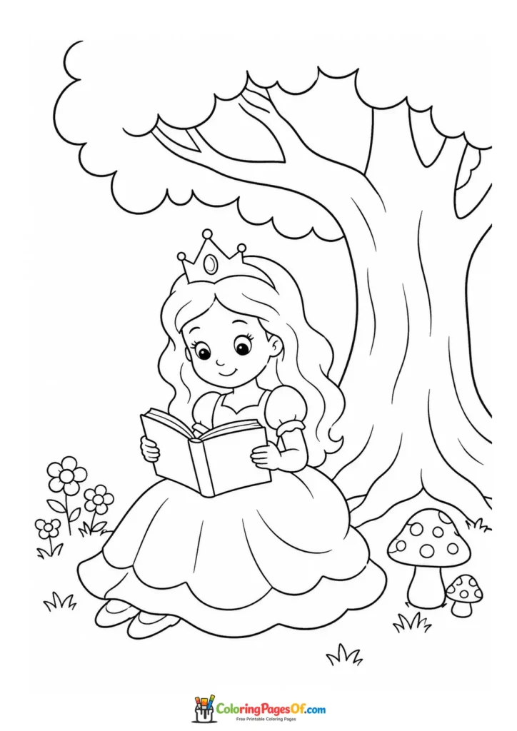 Cute kawaii princess reading a book under a large tree coloring page