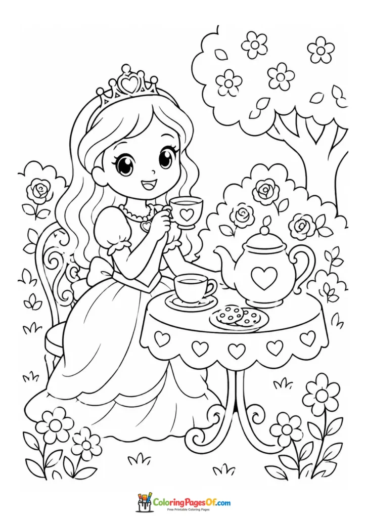 Cute kawaii princess having a tea party in a garden in a third version coloring page