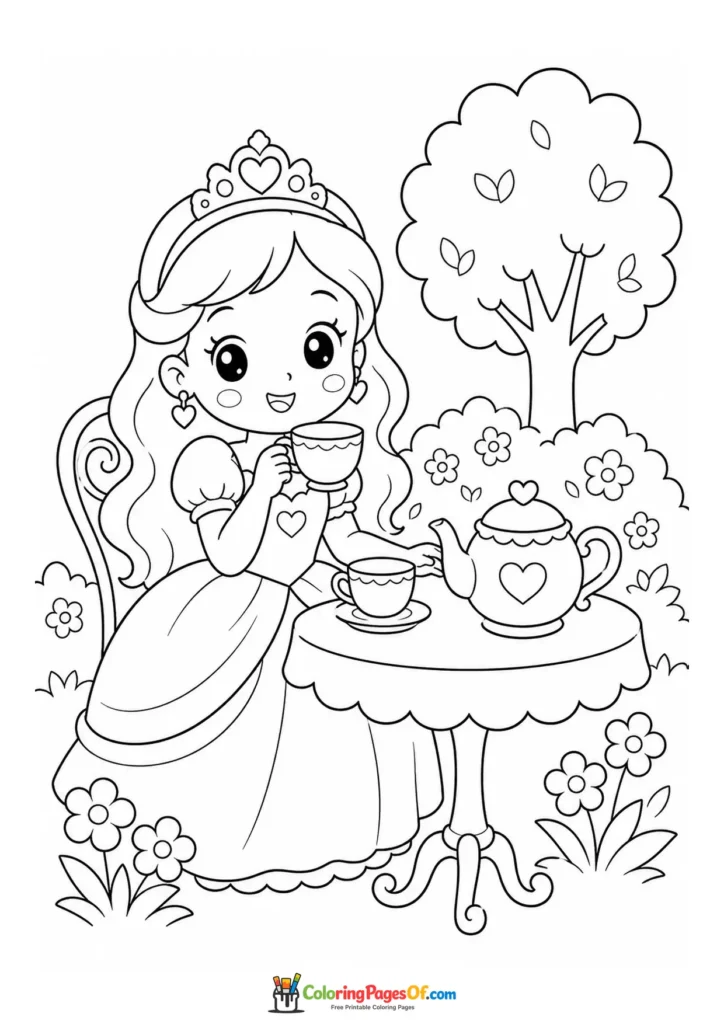 Cute kawaii princess having a tea party in a garden version 4 coloring page