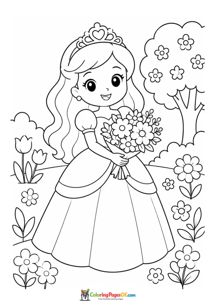 Cute kawaii princess holding a flower bouquet in a third version coloring page