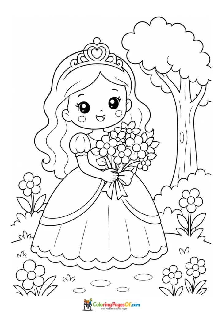 Cute kawaii princess holding a flower bouquet version 4 coloring page