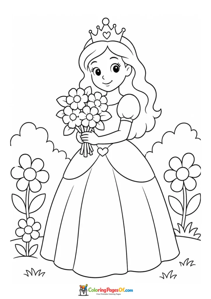 Cute kawaii princess holding a flower bouquet coloring page
