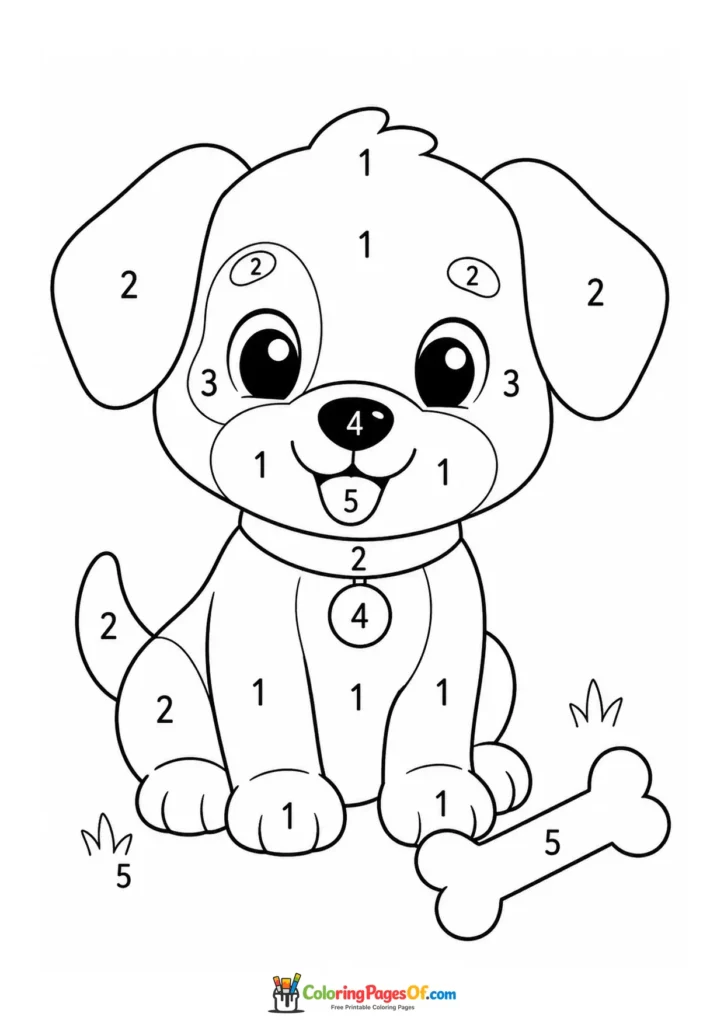 Kawaii Puppy with a Bone Color by Number printable activity for kids