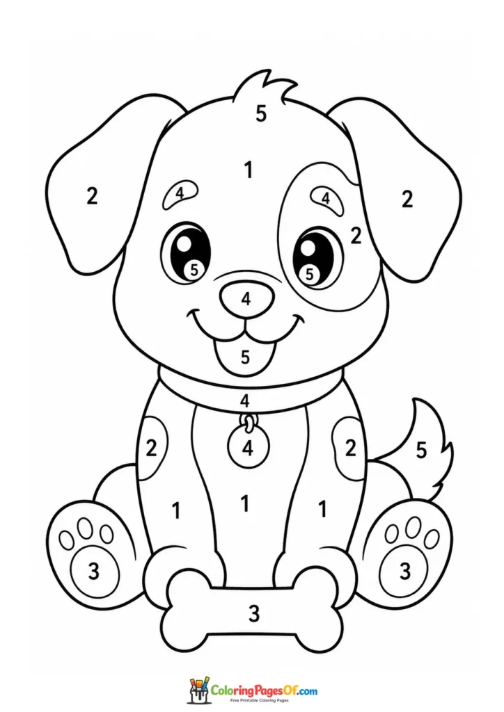 Kawaii Puppy with a Bone Color by Number printable activity for kids