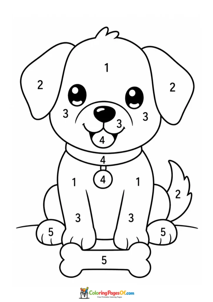 Kawaii Puppy with a Bone Color by Number printable activity for kids