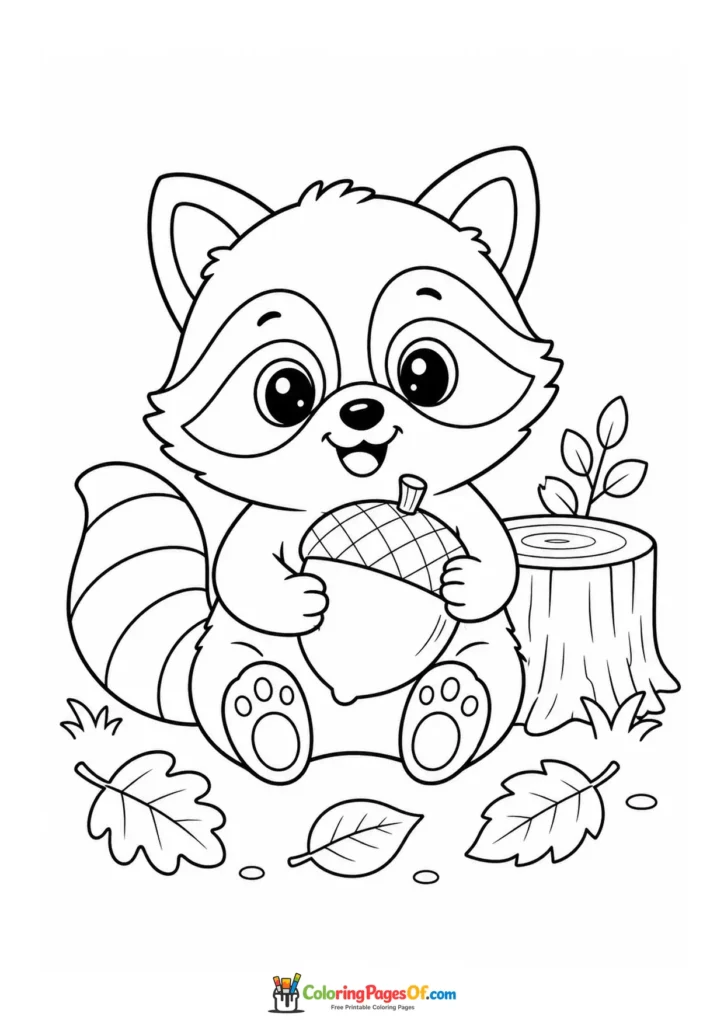 Kawaii Raccoon with an Acorn coloring page