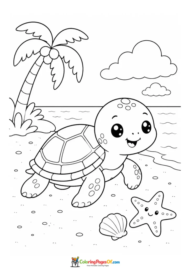 Kawaii Sea Turtle on a Tropical Beach coloring page