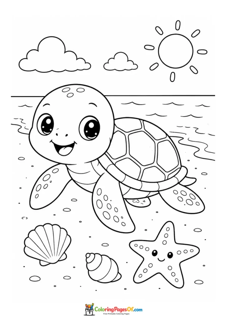 Kawaii Sea Turtle on the Beach coloring page