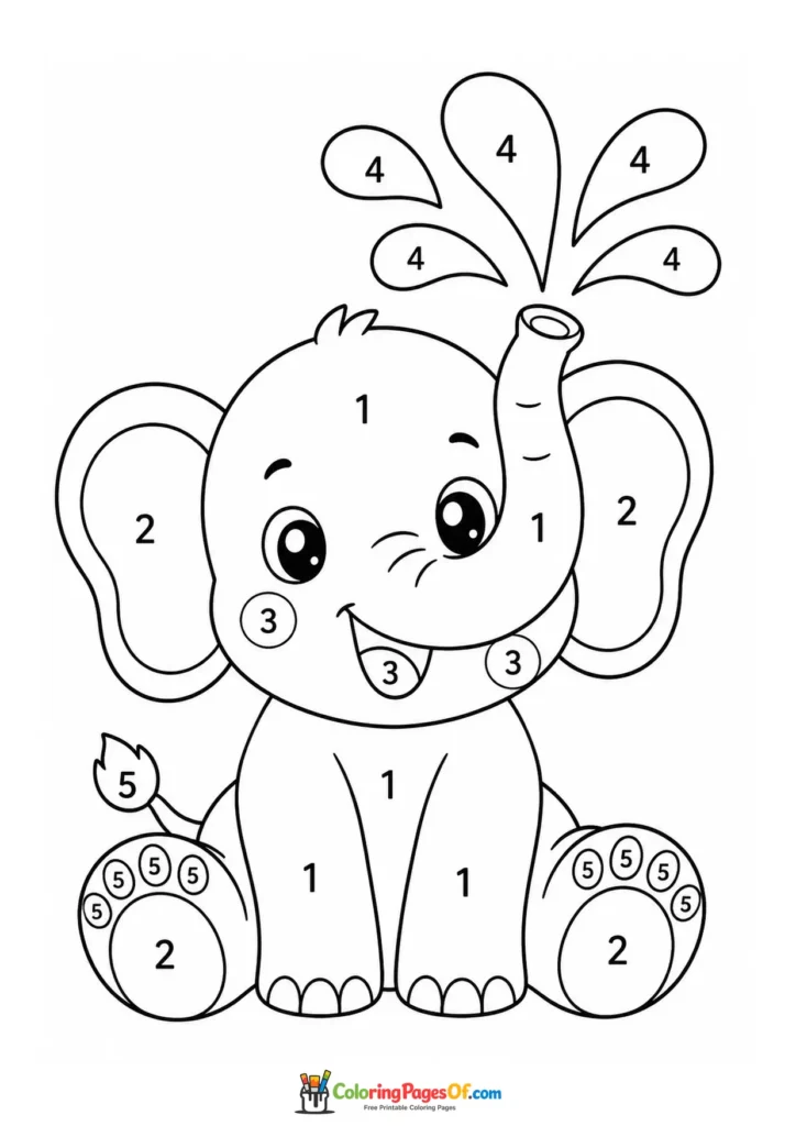 Kawaii Sitting Elephant Color by Number printable activity for kids