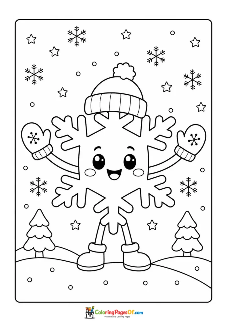 Kawaii Snowflake Character in a Winter Landscape coloring page