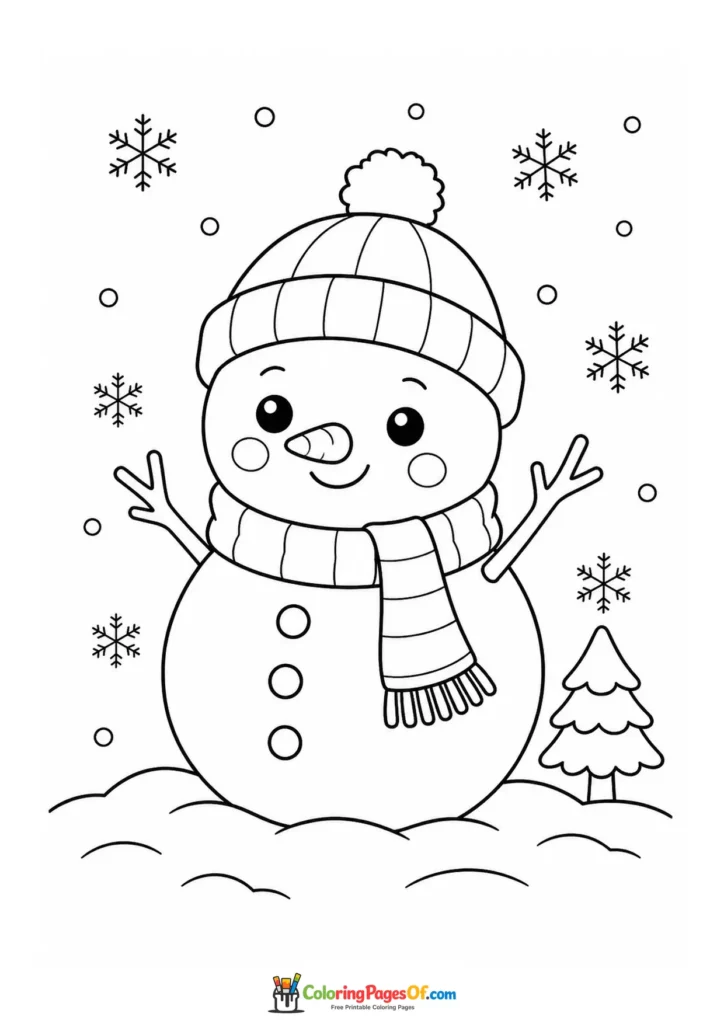 Kawaii Snowman in Falling Snow coloring page
