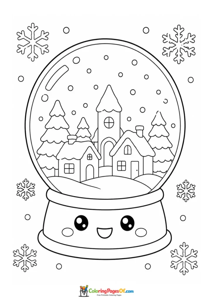 Kawaii Snowy Village in a Snow Globe coloring page
