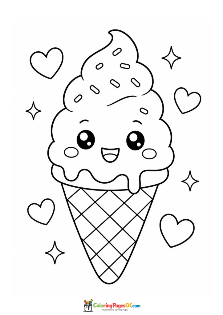 Kawaii Soft Serve Ice Cream with Hearts coloring page