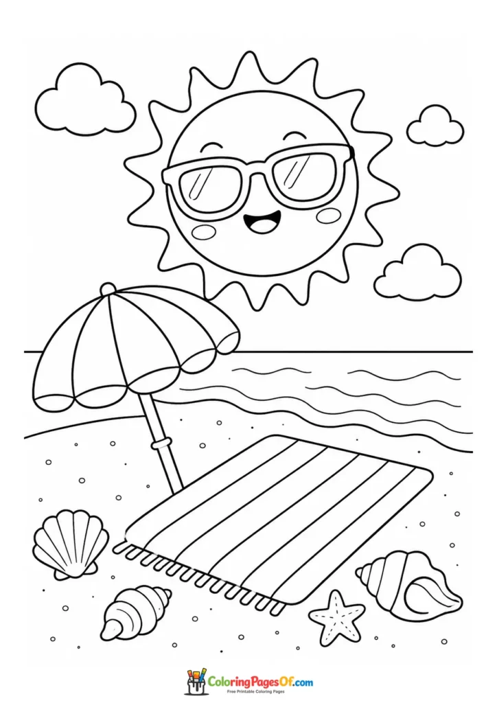 Kawaii Sunny Beach Day coloring page